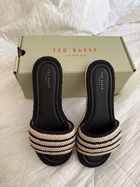 Ted Baker Black and Cream Striped Rope Slide Mules